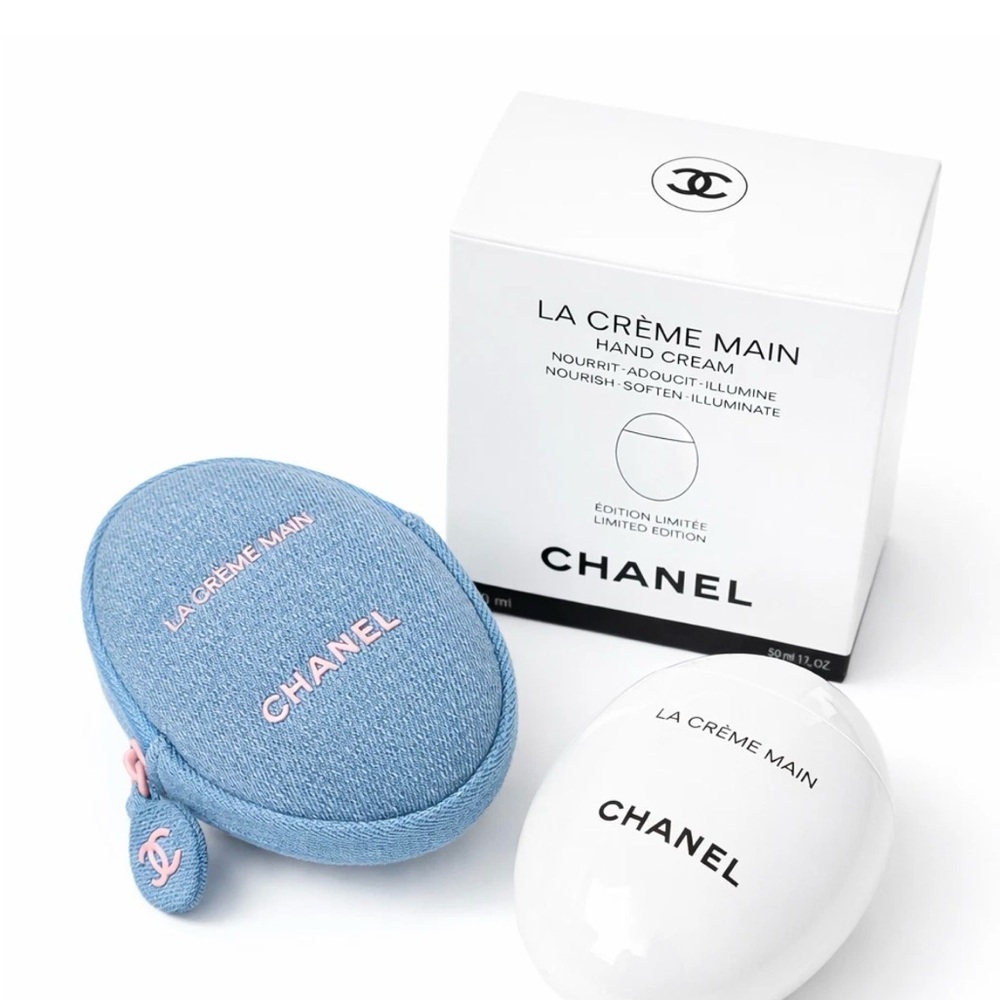 CHANEL La Crème Main Set with White Cream and Blue Denim Pouch